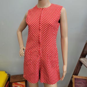 vtg 60s POLKA DOT ROMPER // vintage small womens cute retro summer fashion sleeveless zip up red shorteralls jumpsuit pinafore mod playsuit
