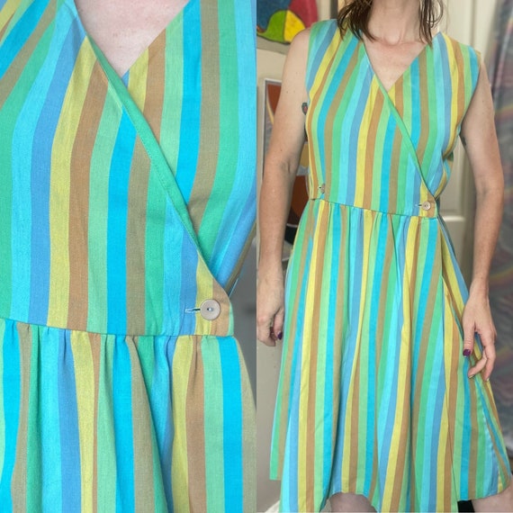 Vintage 50s 60s Pastel Striped Wrap Dress / Blue Y