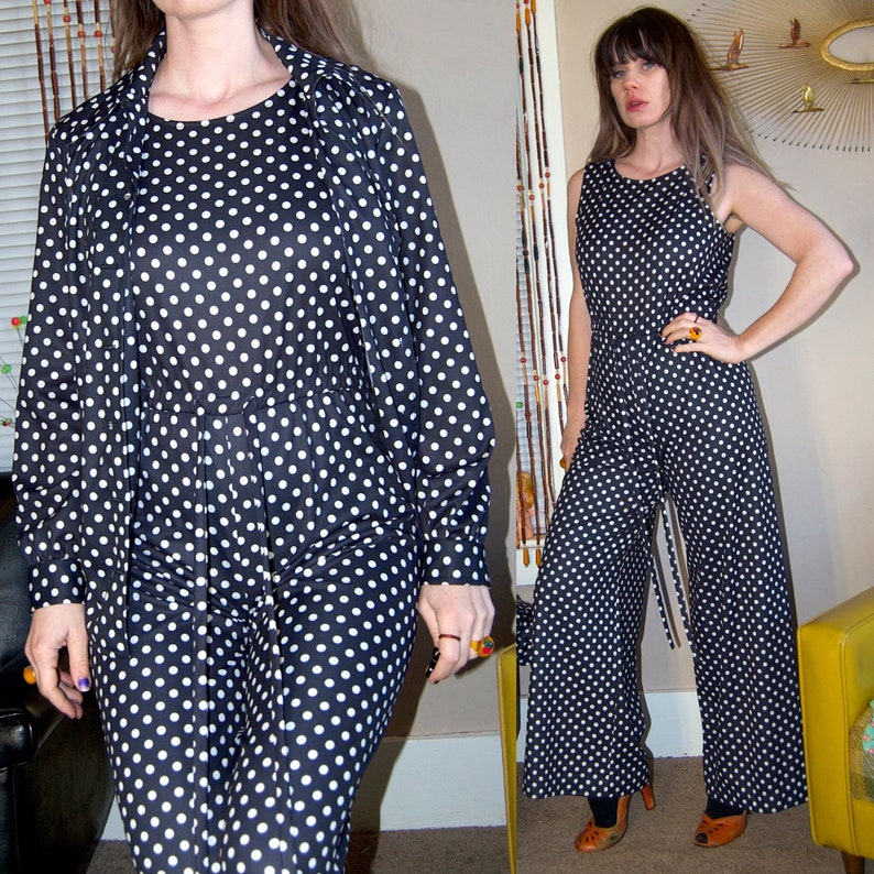 Vintage 1970/'s Black /& WHiTE POLKA Dot 2 Piece JUMPSUIT RAD!