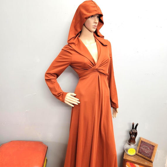 flowy dressing gown Vtg 70s HOODED MAXI DRESS, Medium Brown V Neck Robe Flowy Wrap Dressing Gown