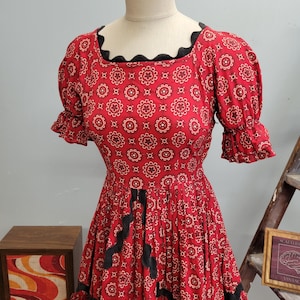 Vintage 60s Bandana Ruffle Dress: Paisley Ric Rac Trim, Fit & Flare