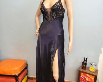 vtg 90s Satin Thigh Slit Slip Dress, Sexy Black Lace Nightgown