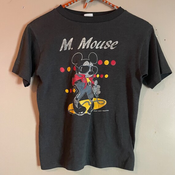 希少 howard university ミッキー tee disney 80s Vtg 1980s PAPER THIN MICKEY Mouse // Vintage Soft Faded Black Crop