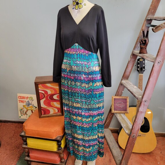 vtg 70s Mermaid Scales Dress, Kaleidoscope Pattern Flowy Maxi View 5