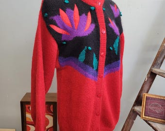 Vintage 80s Wool Abstract Cardigan: Floral Knit Sweater