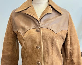 Vintage 70s Suede Western Coat: Tan Brown Patent Leather Trim, Mens Medium
