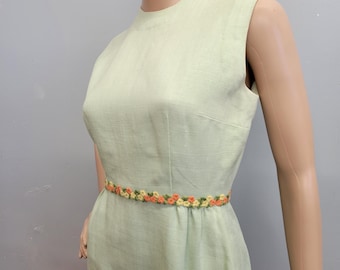 vtg 60s Mini Dress: Floral Braid Belt, Pastel Green Autumn