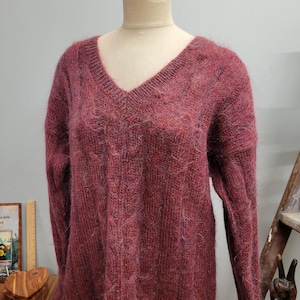vtg 90s MAGENTA MOHAIR SWEATER / vintage susan bristol large long oversized shaggy deep mauve v neck ribbed spring sweater cottage core cozy