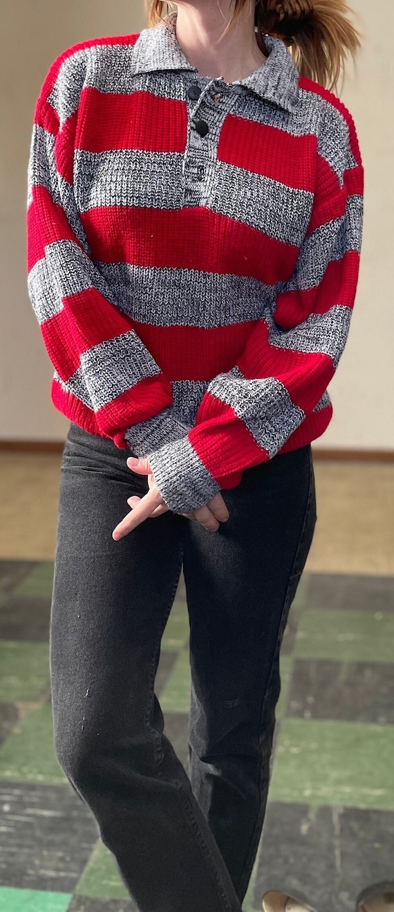 Vintage 80s Red & Grey Striped Sweater / Slouchy … - image 1
