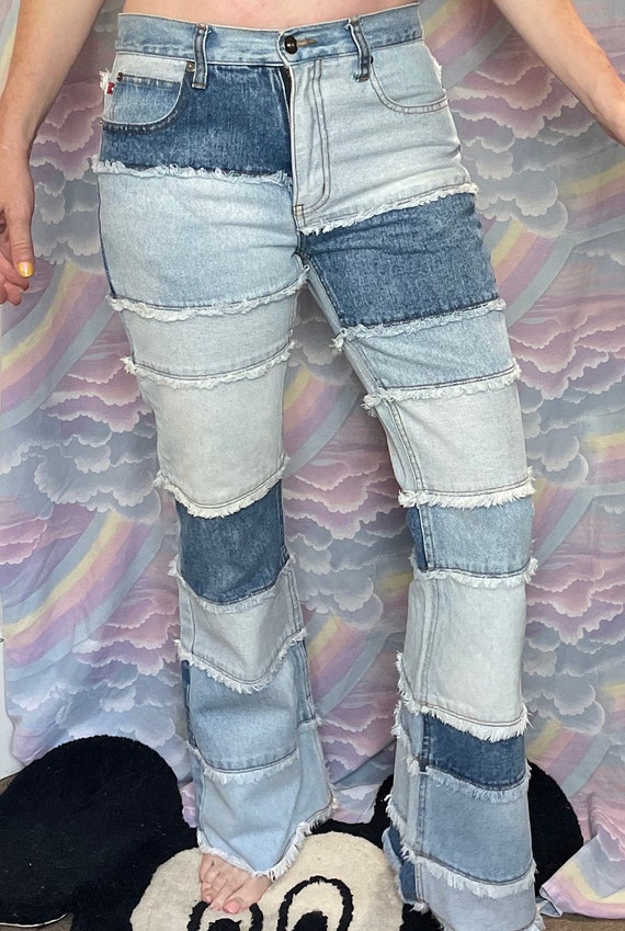 Vintage 90s Zana Di Denim Patchwork Bell Bottoms Low Rise Light