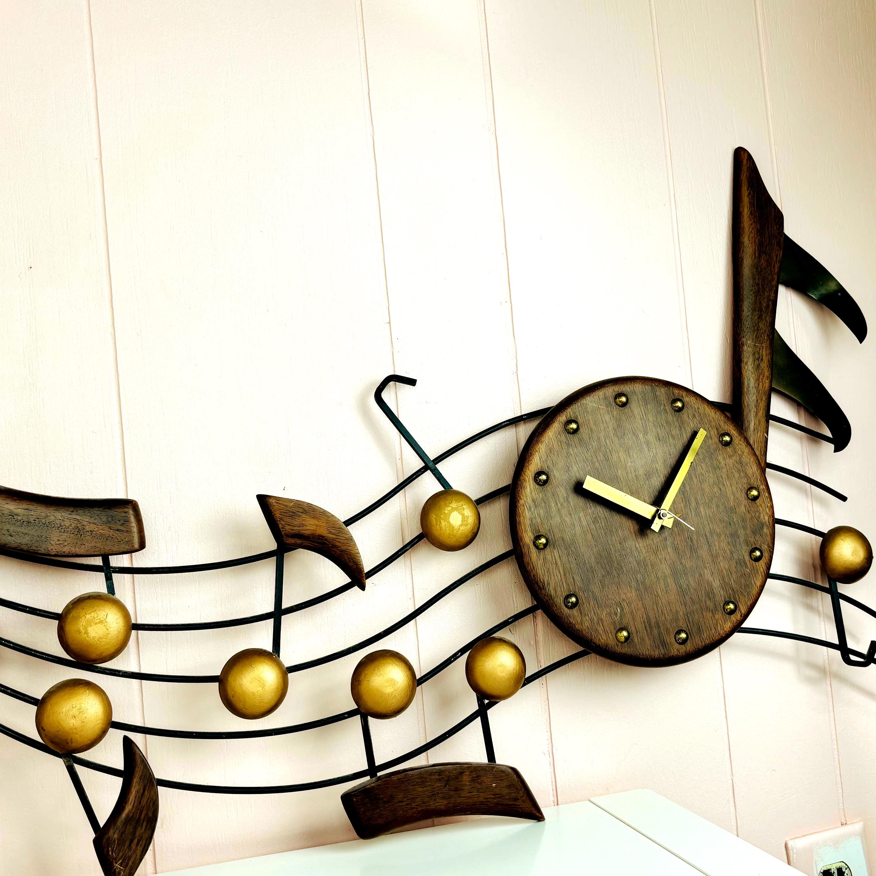 Vtg MUSIC NOTES Staff CLOCK, Works! Mid-century Walnut & Brass