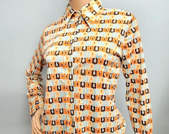 vtg 70s Psychedelic Space Age Blouse, Dagger Collar Mod Shirt