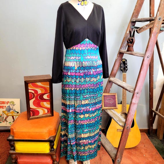 vtg 70s Mermaid Scales Dress, Kaleidoscope Pattern Flowy Maxi View 2