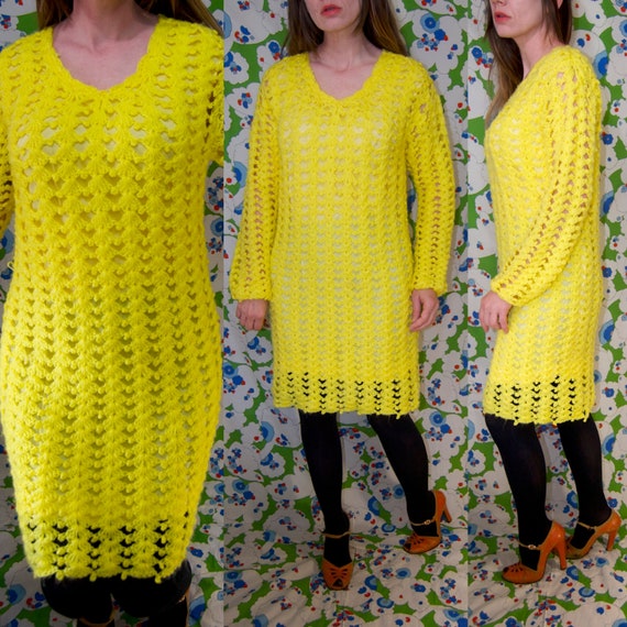 Vintage 1970's Bright YELLOW CROCHET Knit Mini MOD