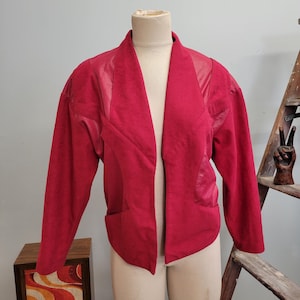 Vintage 80s Pleather Patchwork Jacket: City Girl Red Faux Leather Blazer