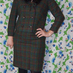 Vintage 1950's Mirramode 2 PIECE Green Pink & Blue PLAID Persian Lamb WOOL Mod Dress Pencil Skirt Suit image 8