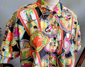 vtg 80s Hula Girl Print Cotton Blouse, Venezia Aloha Luau XL Hawaiian Shirt