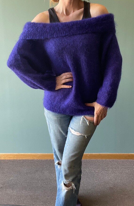 Vintage 80s Mohair off the Shoulder Sweater Fuzzy Purple Sweater