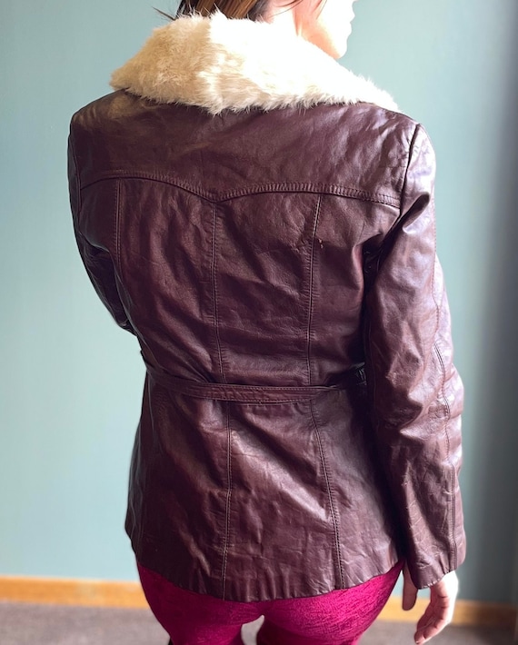 Vintage 70s Oxblood Leather Jacket / White Fur Tr… - image 4