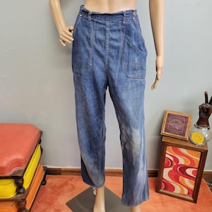 vtg 50s SIDE ZIP JEANS // vintage medium womens distressed mcm retro western saddle pants sun faded ultra high rise medium wash 1940s denim