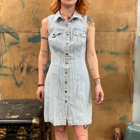 paris blues denim dress Vtg 90s Y2K Pinstripe Mini : Vintage - Women's Medium Overall Dress Evening dresses Drew Summer Women's Pump Size:L petite thigh length