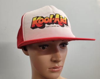 vtg 80s KOOL-AID HAT, Red Mesh Trucker Cap