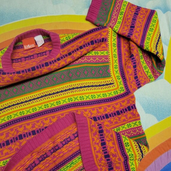 Vintage 90s Neon Liz & Co Striped Sweater // 80s … - image 3