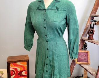 Vintage 40s Girl Scout Uniform Dress: Rayon Blend Green Shirt Dress