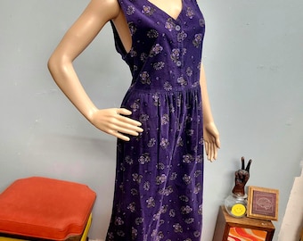 vtg 80s Corduroy Overall Dress, Dark Cottage Purple Pinafore