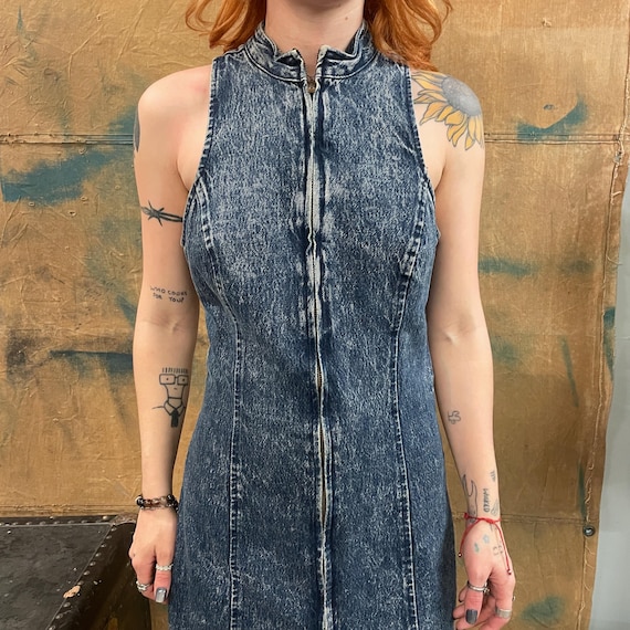 Vintage 80s Acid Wash Denim Dress: Sleeveless Bodycon, Paris Blues