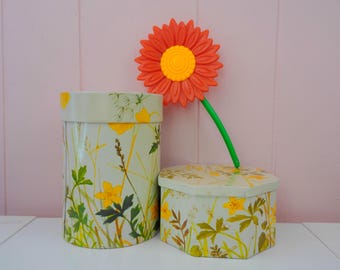 vtg 70s Set of 2 Floral Tin Canisters With Lids, IRA Denmark Octagonal Container