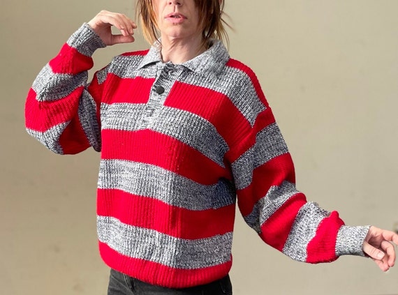Vintage 80s Red & Grey Striped Sweater / Slouchy … - image 4