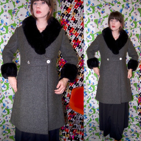Vintage 1950's Black FUR Trim GREY Wool PRINCESS W