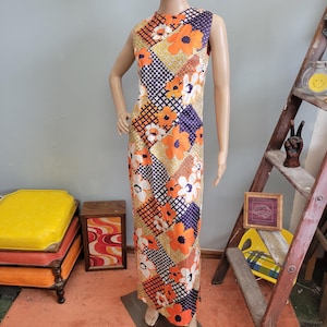 vtg 70s FLORAL PATCHWROK DRESS / vintage small womens bright maximalist summer flower power retro full length lightweight fashion tank dress