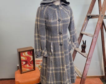 vtg 60s HOODED PLAID COAT // vintage miss br small womens hooded wool jacket full length button up tailored structured retro spring style