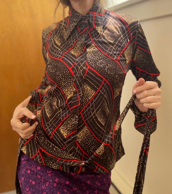 Vintage 70s Belted Polyester Shirt // Abstract Pr… - image 4