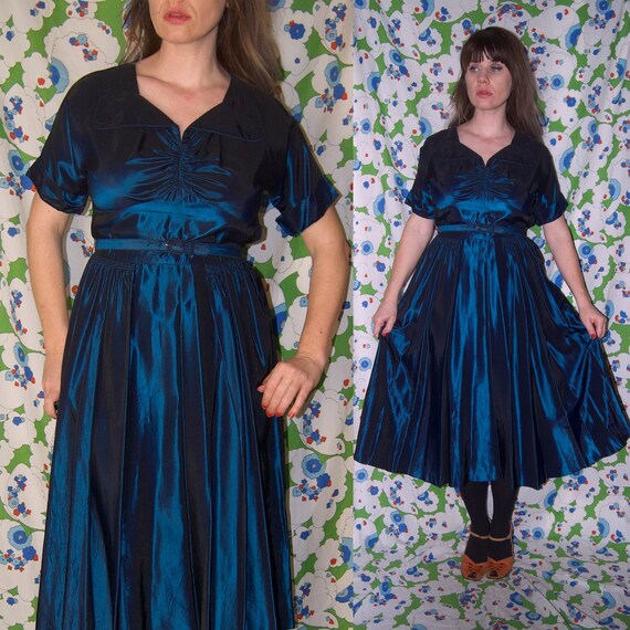 Vintage 1940's/50's Shiny Metallic TEAL Blue FULL