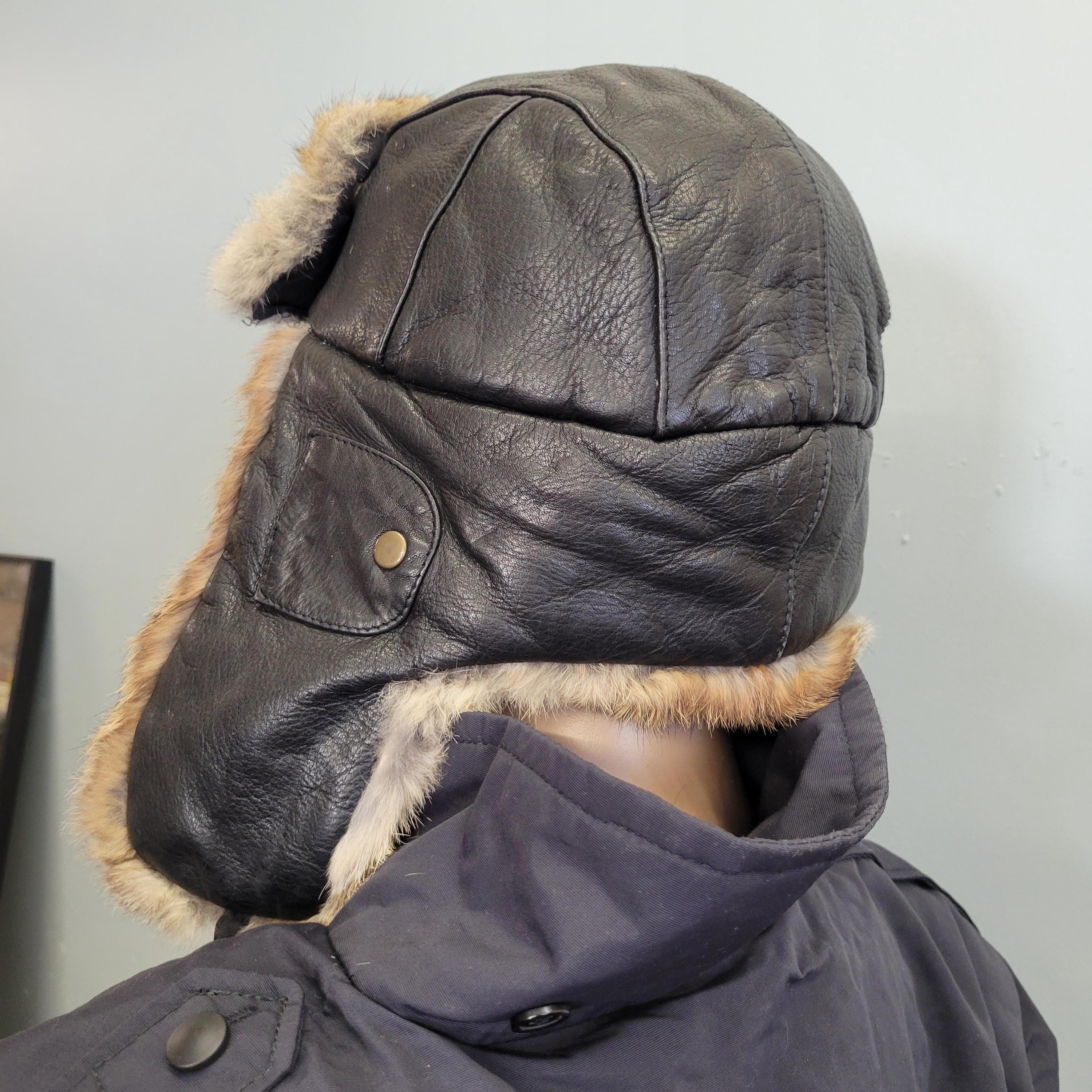 Vintage 90s Mad Bomber Rabbit Fur Aviator Hat: XL Leather 
