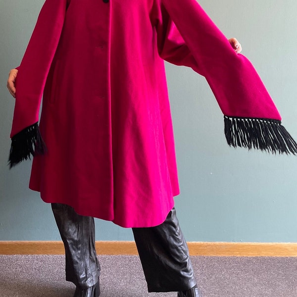 vtg FUCHSIA PINK WOOL jacket with matching scarf two tone black striped long winter coat