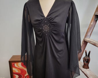 vtg 70s ANGEL SLEEVE DRESS // vintage fortrel size 16 large womens black mini dress raw hem rhinestone v neck megan draper sexy sheer dance