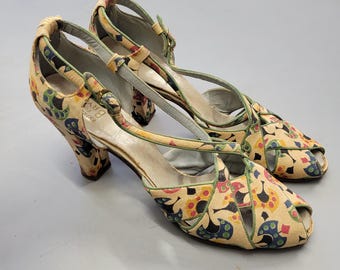 vtg 1940s Heels, Peep Toe Pumps, Atomic Print RARE!! size 6 Narrow Shoes
