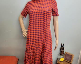 Vtg 60s Mod Dress: Orange Purple Plaid A-Line