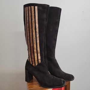 vtg 90s STRIPED SUEDE BOOTS // vintage as is carlos fachi 7 gogo boots black leather gold trim square chunky heel square toe platform boots