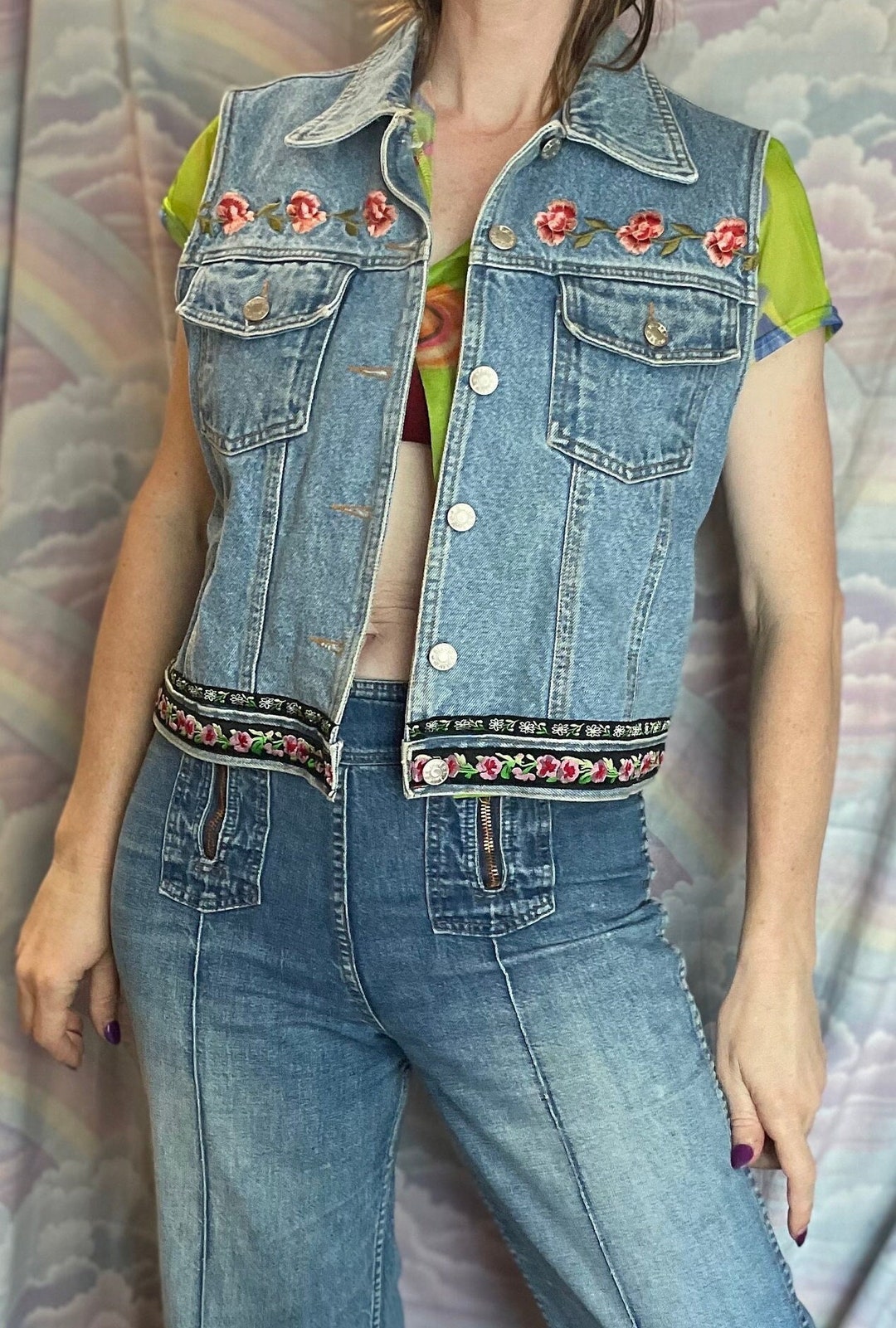 Vintage 90s Denim Vest / Embroidered Floral Jean Jacket Vest / - Etsy