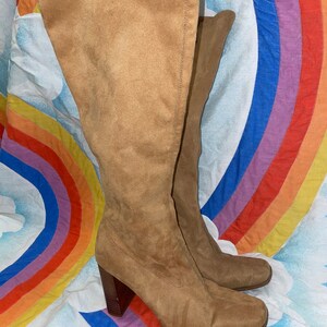 vtg 90s CANDIE'S BOOTS wooden heel stacked platforms side zip calf high chunky heels 70s style retro knee high high heel boho western 9 image 2