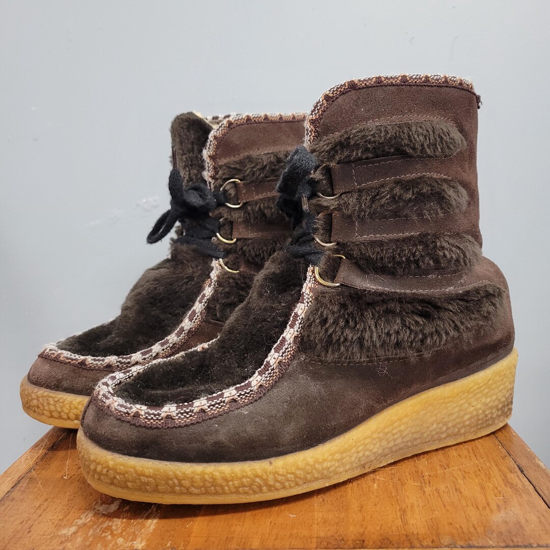 Vtg 70s SUEDE FUR BOOTS / Vintage Size 7 Womens Winter Sherpa Wedge ...