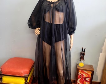 vtg 50s Black Chiffon Lingerie, large flowy whimsy goth nightgown dress