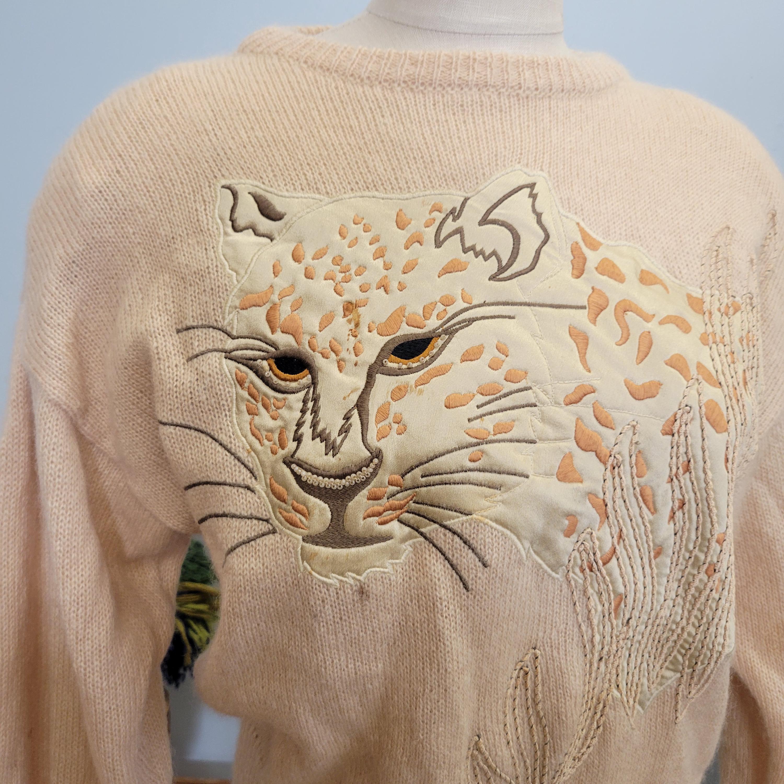 Vintage 70s Escada Leopard Sweater: Neiman Marcus Embroidered Cat