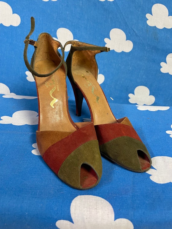 Vintage 70s Multicolored Suede Patchwork Heels / N