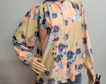 vtg 70s Balloon Sleeve Blouse,  Peachy Floral Shirt